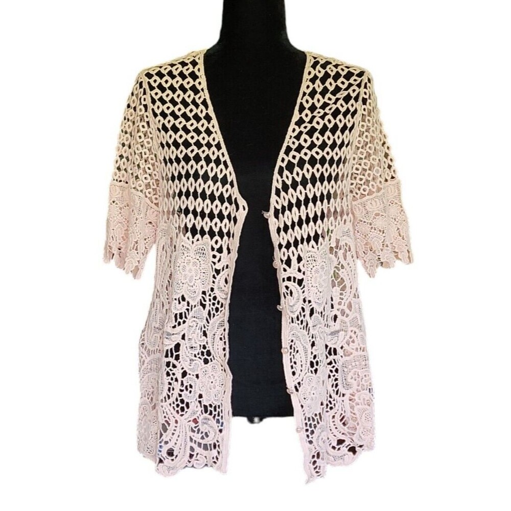 Crochet Cardigan Questions By Say What Pink V-Neck Button Front Womens Small